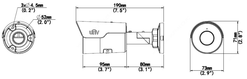 Wymiary kamery tubowej Uniview IPC2124LE-ADF28KM-G 4Mpx